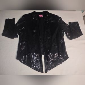 Carmen Marc Valvo Black Sequin Open Jacket Blazer Sz 2X